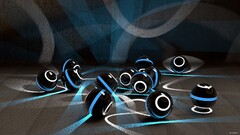digital art balls lines shapes render cyan blue gloss