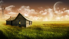 digital art cabin sky clouds landscape