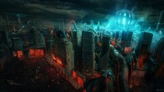 digital art City robot War Aliens science fiction dark cyan