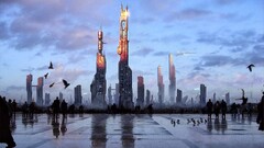 digital art cityscape futuristic city City fantasy art People
