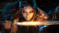 digital art fantasy art fantasy girl face fire Women sword rings