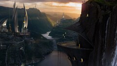 digital art futuristic fjord tower sunset science fiction
