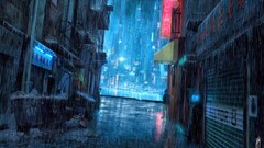 digital art rain cityscape futuristic city cyan alleyway
