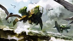 digital art science fiction Birds water sky