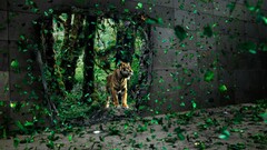 digital art tiger Animals leaves jungle wall