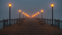 dock bench mist pier lantern lights