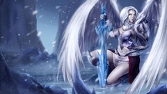 fantasy art angel sword wings snow