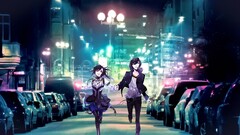 fantasy art Anime City street lights colorful anime girls
