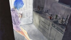 fantasy art anime girls blue hair cup kitchen