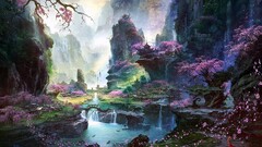 fantasy art asian architecture cherry blossom