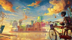 fantasy art bicycle Anime anime boys cityscape flag sky Birds