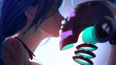fantasy art blue hair kissing League of Legends video games cyan