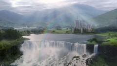 fantasy art castle digital art waterfall landscape Mountains