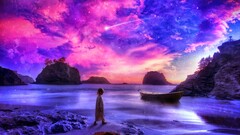 fantasy art coast sky clouds boat children Sea