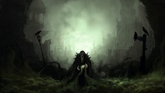 fantasy art dark digital art wizard raven ruin mist old people