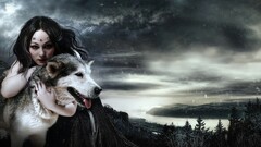 fantasy art fantasy girl Animals dark hair dog