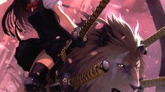 fantasy art lion Katana schoolgirl cherry blossom