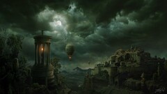 fantasy art night moon hot air balloons