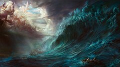 fantasy art Sea boat waves battle gods artwork