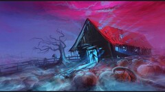 fantasy art spooky Halloween pumpkin barn blue red
