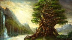 fantasy art Trees nature waterfall sky artwork landscape