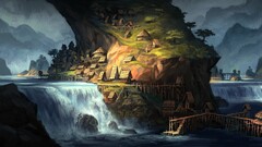 fantasy art village waterfall
