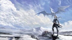 fantasy art Women elves dragon sword snow Mountains