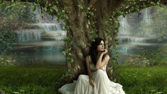 fantasy girl artwork Women model dark hair nature looking away