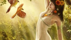 fantasy girl closed eyes fantasy art Birds Women flower in hair