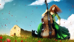 fantasy girl musical instrument landscape artwork Flowers cats