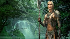fantasy girl warrior belly blonde weapon standing Women