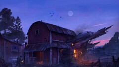 farm spaceship moon barns digital art science fiction UFO night
