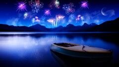 fireworks Lake boat hills new year night digital art nature