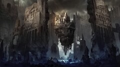 floating island ruin fantasy art floating rock arch artwork