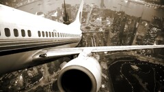 flying Aircraft sepia aerial view cityscape City planes