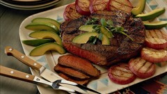 food meat steak onion fork avocado onions knife and fork