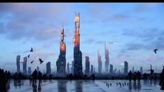 futuristic city digital art cityscape People Birds
