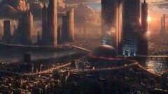 futuristic city digital art sky clouds cityscape science fiction