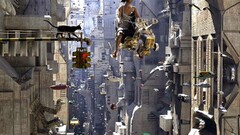 futuristic city science fiction cats Women digital art cityscape