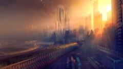 futuristic city science fiction sunlight cityscape City