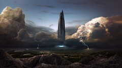 futuristic storm digital art building sky science fiction