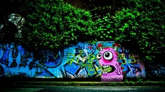 graffiti wall urban road cyan foliage pink