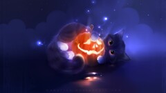 Halloween apofiss artwork cats pumpkin glowing fantasy art