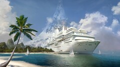halo digital art cruise ship palm trees vehicle ship