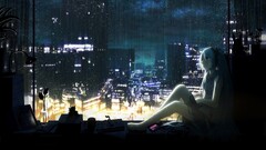 hatsune miku vocaloid cityscape sitting window anime girls Anime