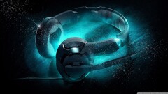 headphones digital art neon black background cyan