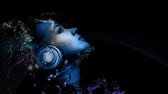 headphones Women artwork face colorful blue digital art