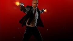 hitman video games red background gun bald tie video game art
