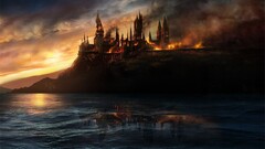 Hogwarts destruction fire castle fantasy art Sea clouds Movies