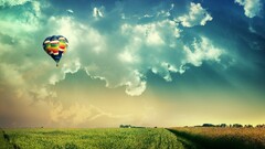 hot air balloons digital art landscape sky field vehicle